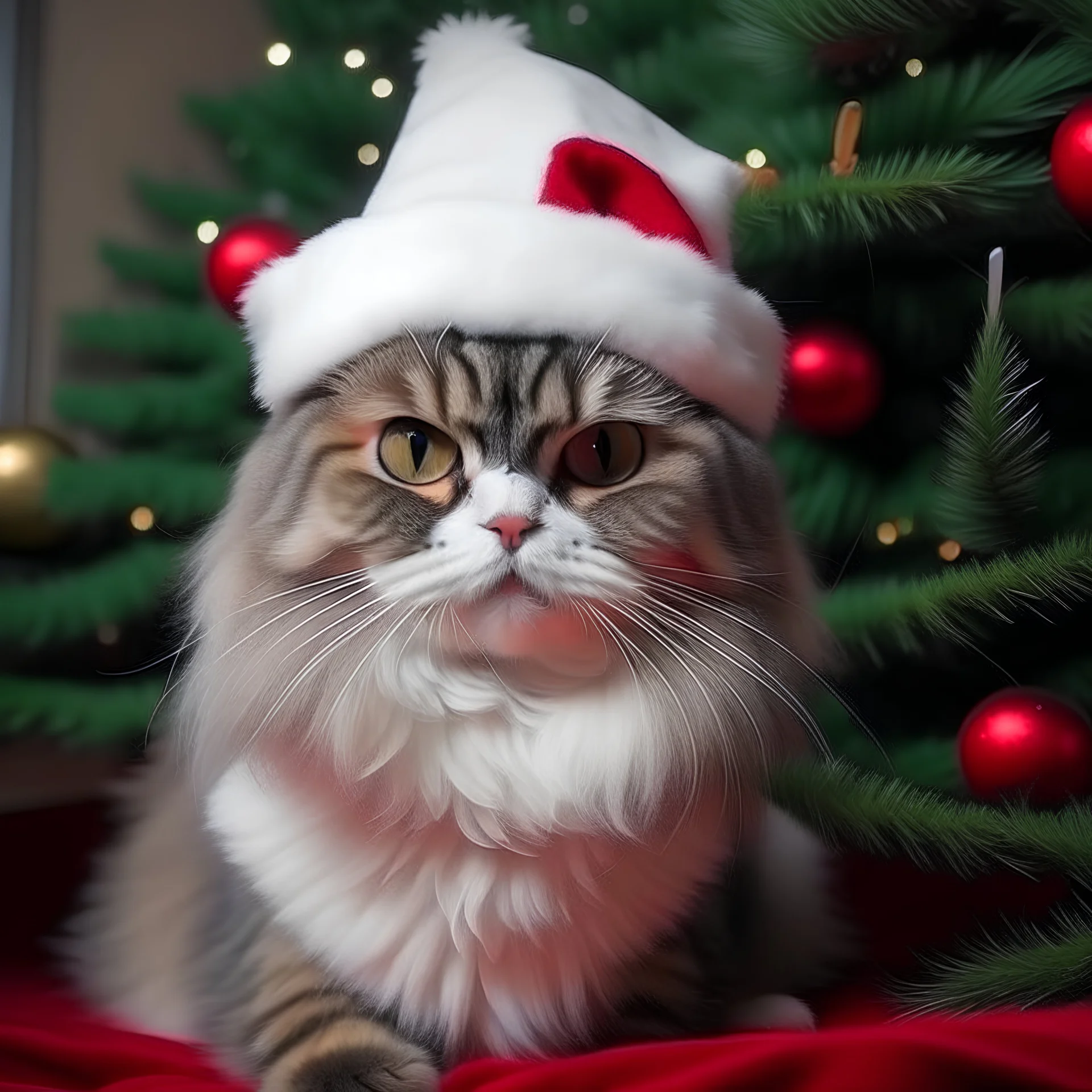 cat in a Santa Claus hat with a Christmas tree in his paws