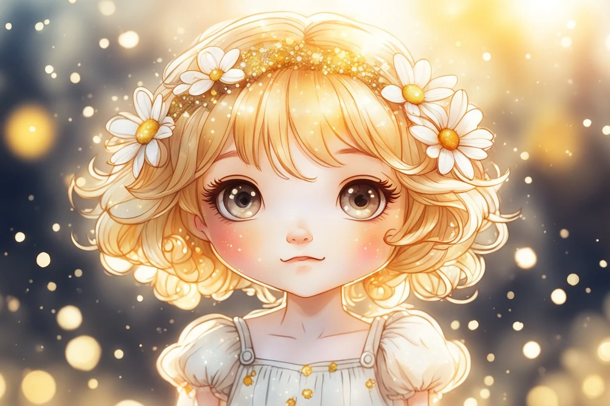 cute chibi daisy girl in sunshine, watercolor and black ink outlines, sparkling golden glitter, ethereal, cinematic postprocessing, bokeh, dof