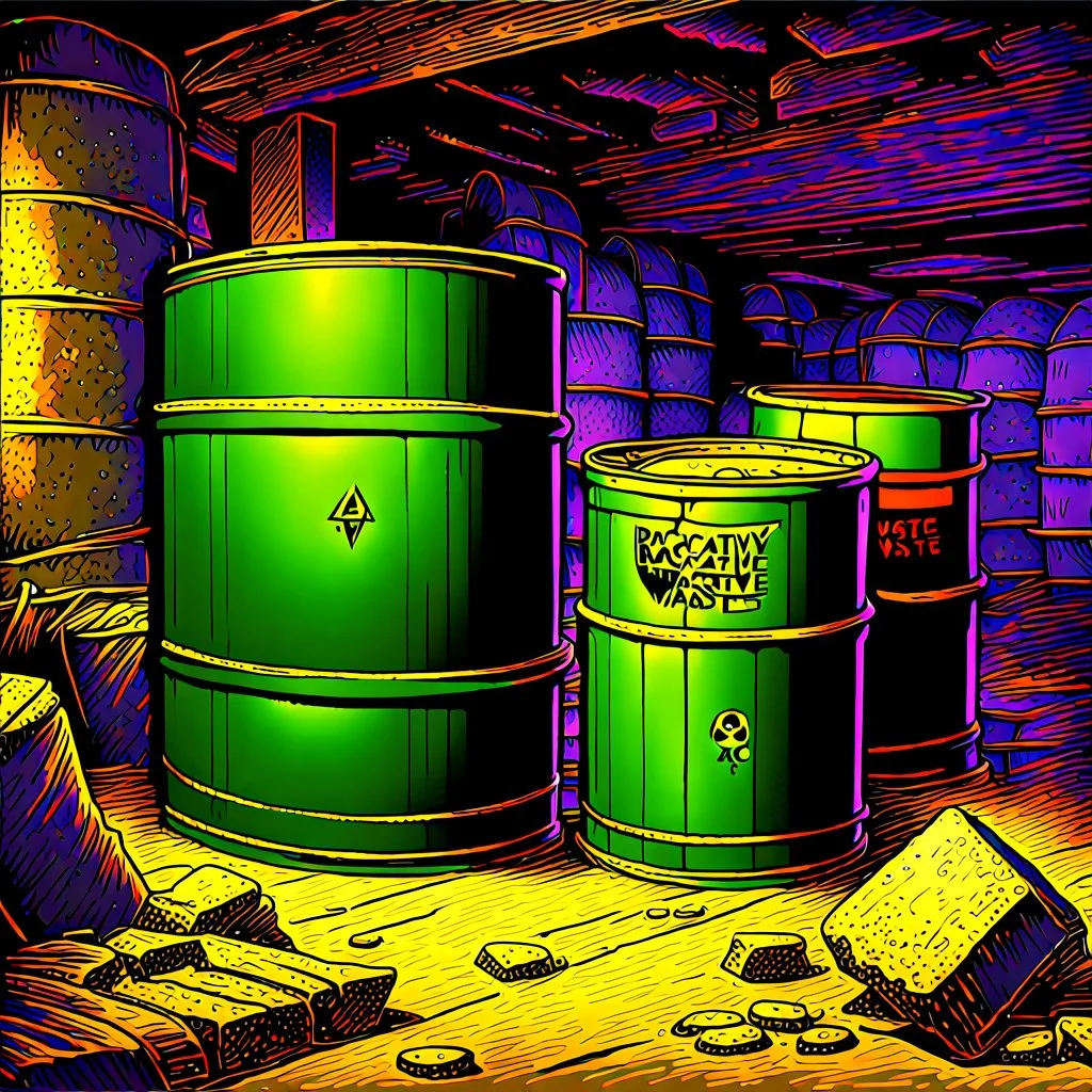 90's TCG fantasy artwork art of radioactive waste barrels