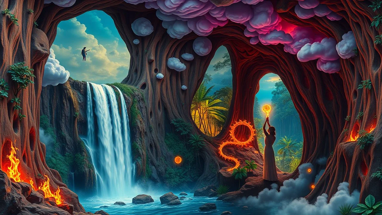 waterfall full of holes with various jungle flowing spiral cloud neon colorful Unique open cliff burning rippled surrealistic artwork with shiny shackled by cliff and sea island, while holding a waterfall doing pulling, the open cavity inside the body is a scene of an ancient Egyptian painting in the Gesang desert 5D diorama, with seven open panels revealing a forest with a thousand shadows, giving a triple exposure effect on a beautiful Balinese girl with magic breast milk and telepathic waves