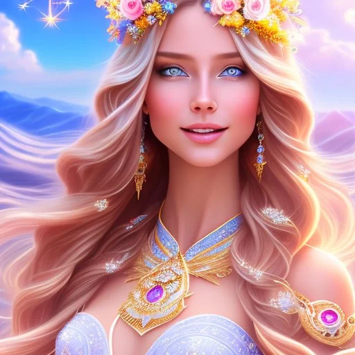 Beautyful smiling young woman, long hair amazing blue eyes, flowers, happy cosmic, bright colors, blue, pink, gold, jewels, realistic, photo real, clear sunny background, highly detailed, high contrast, 8k high definition, unreal engine 5, extremely sharp detail, light effect, sunny light background