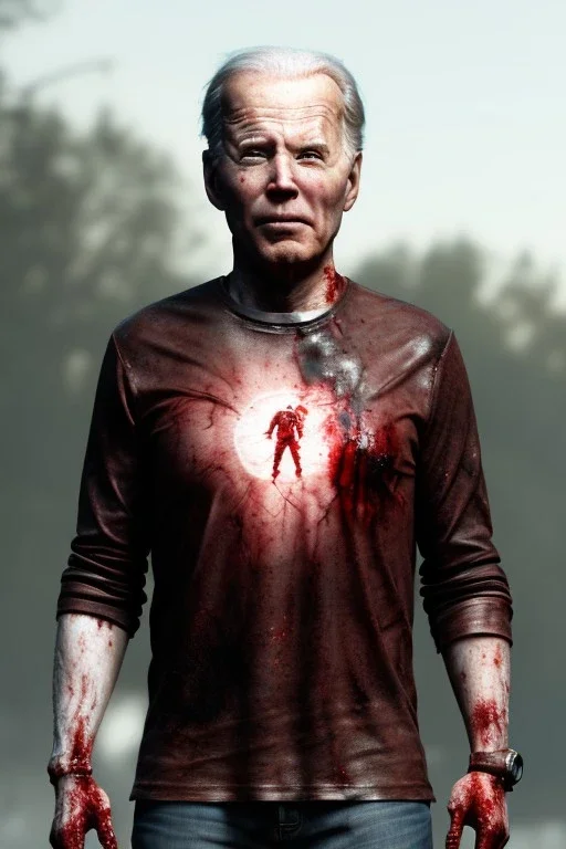 Ultra realistic image, joe biden zombie, zombie performance, blood, torn arm, night, walking twisted, waist up view, walking dead style, dark ambient, highly detailed, sky background, concept art, unreal engine 5, god rays, ray tracing, RTX, lumen lighting, ultra detail, volumetric lighting, 3d, finely drawn, high definition, high resolution.