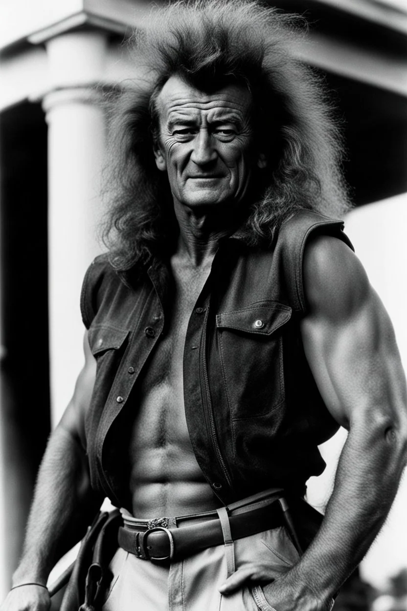 20-year-old John Wayne with long, spikey, black teased up, 1980's style big hair with an extreme tall and muscular stature