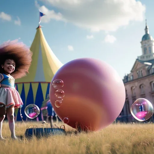 Ultra realistic circus scene. Sweet big hair monster floating. Child’s playing. smile. happy, color bubbles, smooth color, waist up view, Wes Anderson style, a lot of people background, highly detailed, concept art, unreal engine 5, god rays, ray tracing, RTX, lumen lighting, ultra detail, volumetric lighting, 3d, finely drawn, high definition, high resolution.