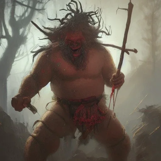 Insanely detailed photograph of an “portrait of a Giant Downsyndrome D&D barbarian wearing a red loincloth laughing”, smiling clear face and hyperdetailed painting by Ismail Inceoglu Huang Guangjian and Dan Witz CGSociety ZBrush Central fantasy art album cover art,8K, hdr, epic, mysterious, ominous, hands focused on a glowing D20, jewelry, motivated