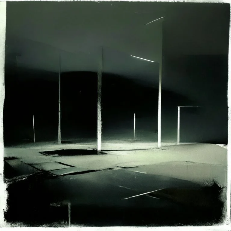 Minimal abstract oil paintings of a desolate 1960s carpark. Illuminated by a spotlights. On the floor are concrete fragments and road markings . In the dark mysterious style of Justin Mortimer and Francis Bacon.