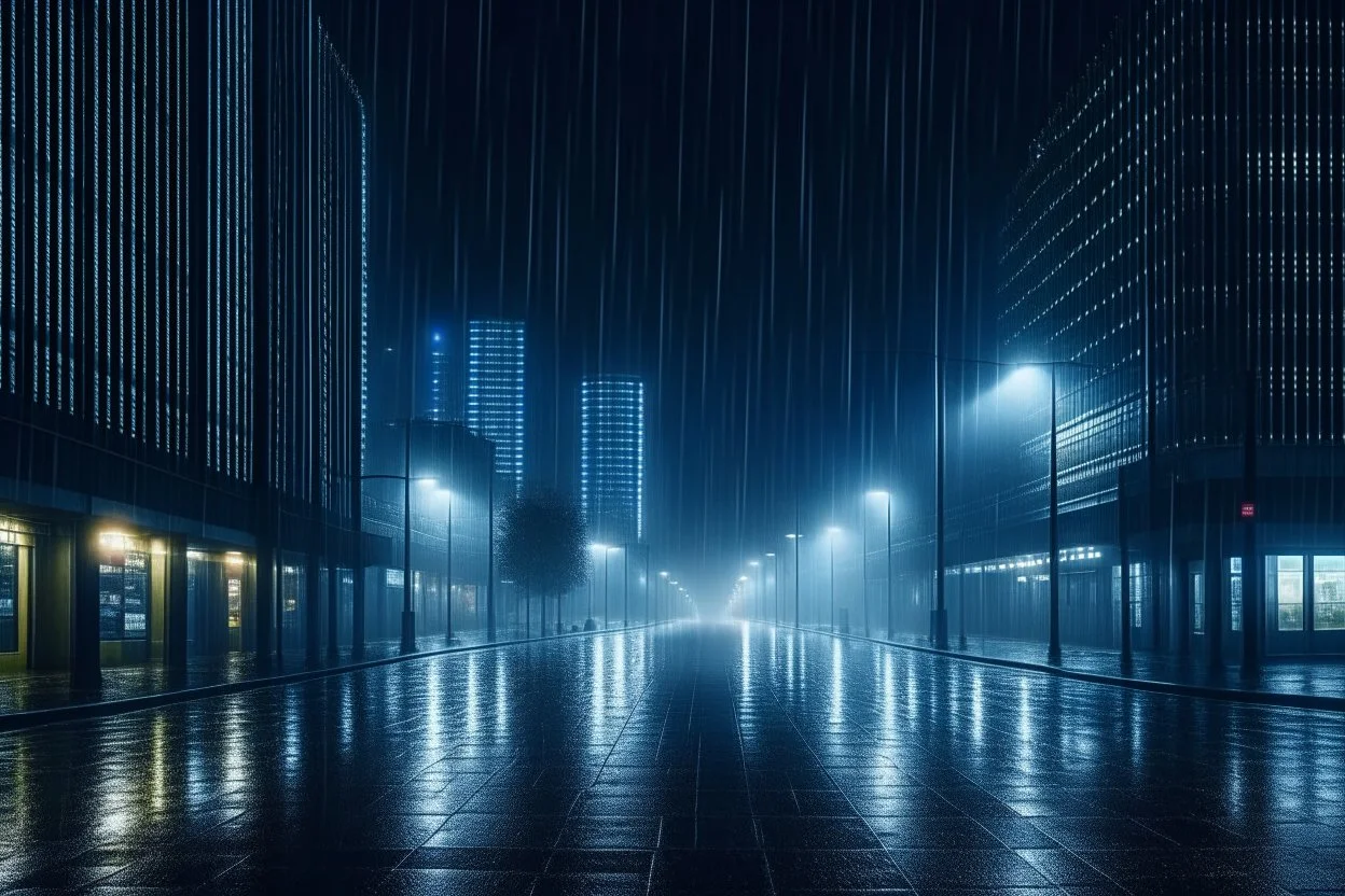 A city in the future is at night and it's raining and it's foggy.