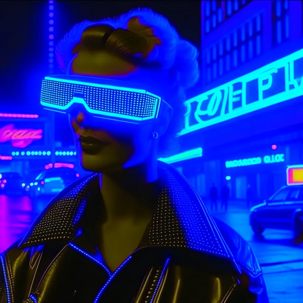 street photography of a woman on the street, night time, cyberpunk neon lights, 16mm , perfect photography, 1980's,vhs footage,wearing futuristic VR, low light,shot by jvc gr-sz7,glitch