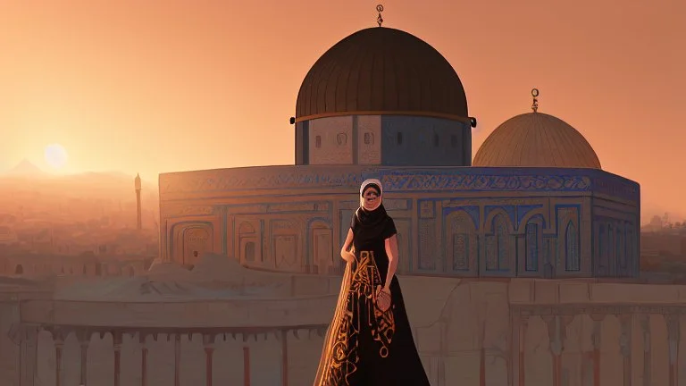 A Palestinian woman wearing an embroidered dress with the Dome of the Rock in front of her during sunset in winter.