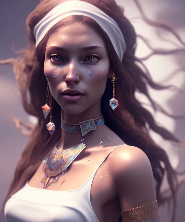 Gipsy, beautiful, curvy body, white fabric dress, beautiful long hair, bandana, long earings, head and shoulders portrait, holding tarot card, 8k resolution concept art portrait by Greg Rutkowski, Unreal Engine 5 volumetric lighting