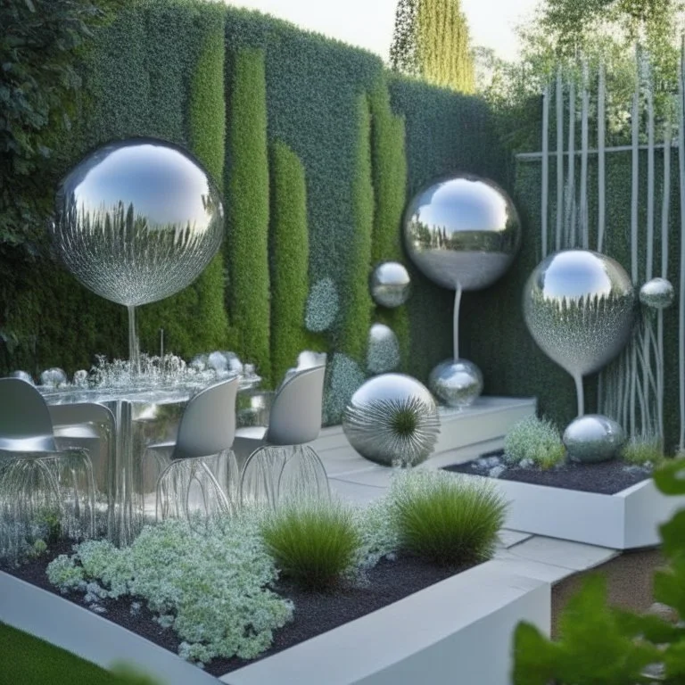 A picture of a modern garden with silver party decoration