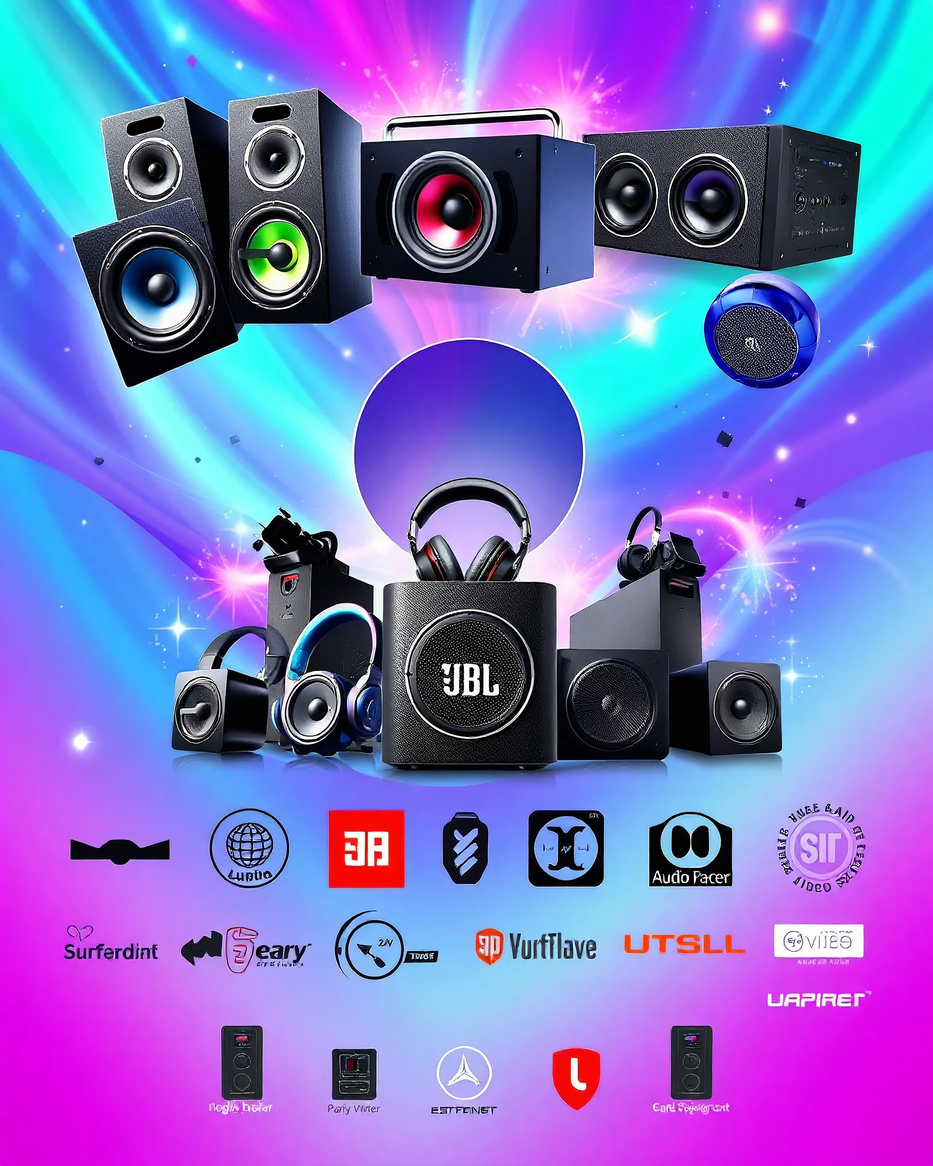 A beautiful banner design with photos of party speakers and party boxes, several models of headphones, mobile chargers, and JBL speakers in the middle of the image, and several famous logos from world-renowned audio and video systems at the bottom of the image with a psychedelic color theme.