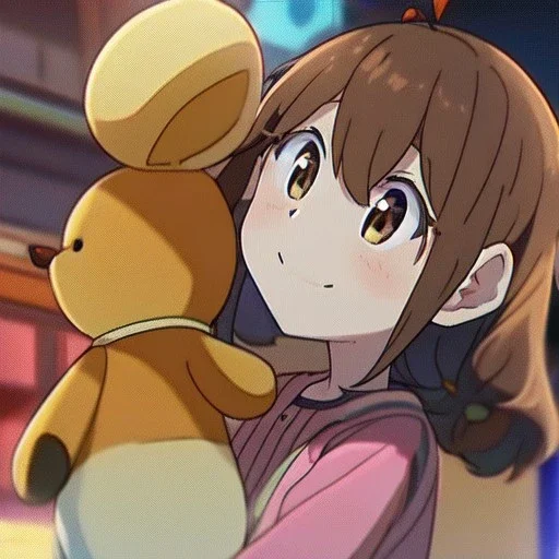 Clear focus, High resolution, a anime kid, cute, cartoony style, smiling, anime screencap, hair between eyes, holding a brown teddy bear, small forhead, female