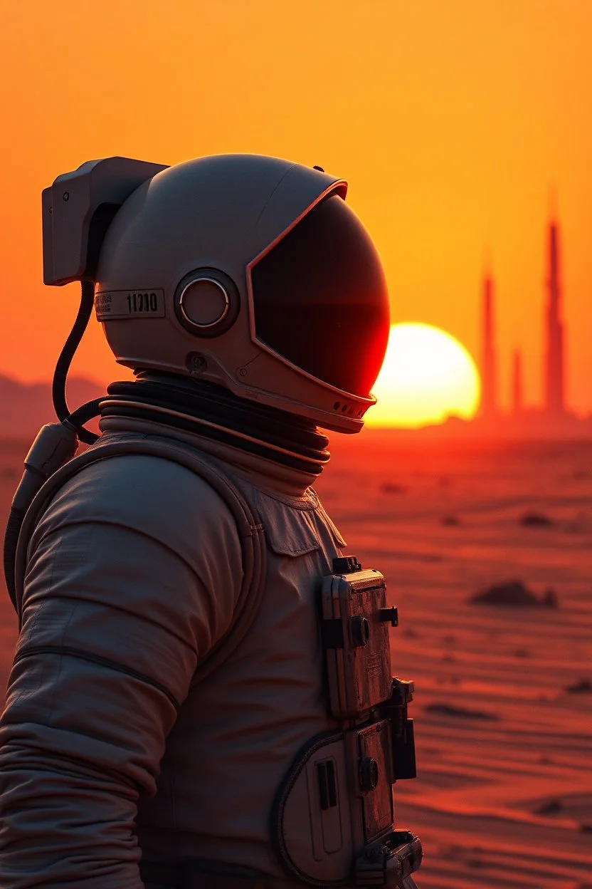 close up portrait a lone astronaut stands on an alien desert, the sun setting in vibrant hues of orange and yellow and red. His helmet reflects the light as he gazes at towering structures on the horizon—remnants of a once-great civilization. With every step through the barren sands, the weight of his mission grows heavier. Is he a pioneer, The silence and black shadows around him , surreal, dark sci-fi, utopistic vibe