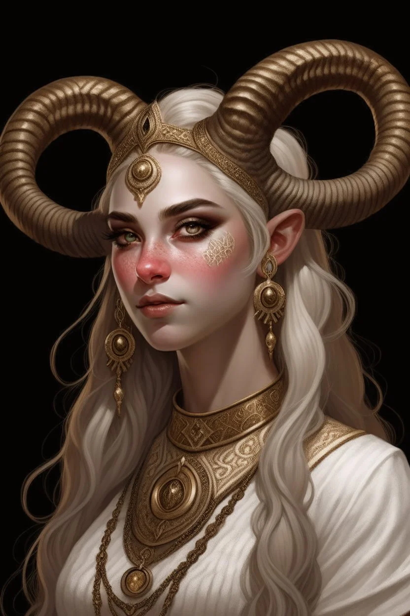 A teenage tiefling woman with a set of ram horns on her head encrusted with jewels, White-Blonde, long hair, black eyes, no pupils, dressed in white and gold with lots of jewelry