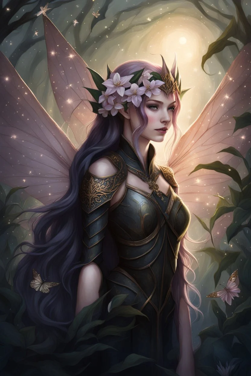 Peach hair ,elven warrior,,Hydrangea,orchids,lilies of the valley,night,peachy hair,rapunzel hair,elven crown,dragonflies,pointed ears,elven ears,dark fairy princess,sparkle,,dark gold armour,fairy wings,,night stars