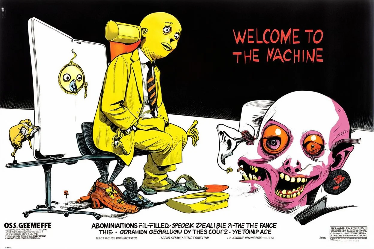 Welcome to the Machine, abominations filled with desolation, speak the truth and face ridicule, enhanced surrealism, by Os Gemeos and Gerald Scarfe and Derek Riggs and Yves Tanguy, violent colors, mind-bending imagery, sinister, classic horror tropes, by Graham Sutherland, liminal oncology