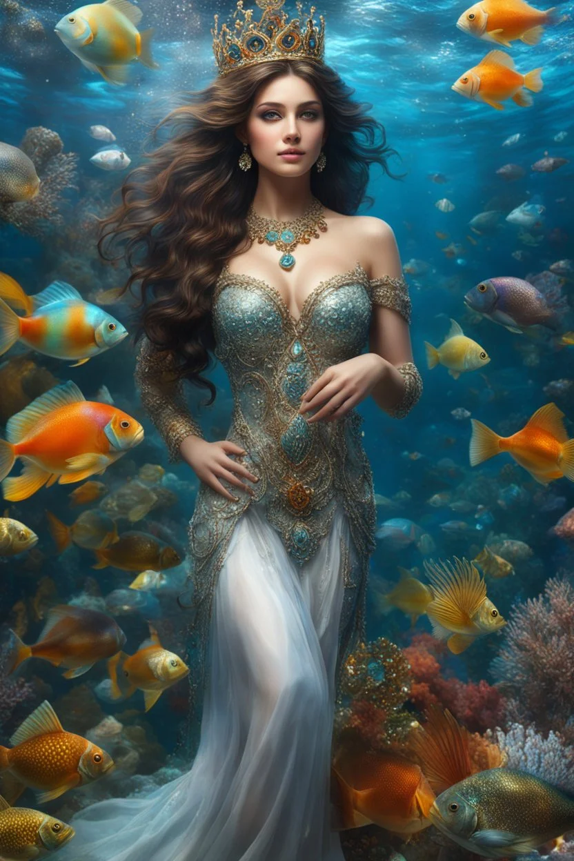 Fullbody excellent pose gorgeous photography art realistic,cinematic realistic colors,soft blur ,natural beauty, of young woman, smiling, beautiful, shiny grey eyes, make up,Queen Persian style, shiny baubles, ornate, large gemstones, shiny molten metalics, shiny wire filigree, brown hair, high definition, Walk in underwater scene teeming with colorful fish nemo, many full fishes swim, and gentle sea turtle