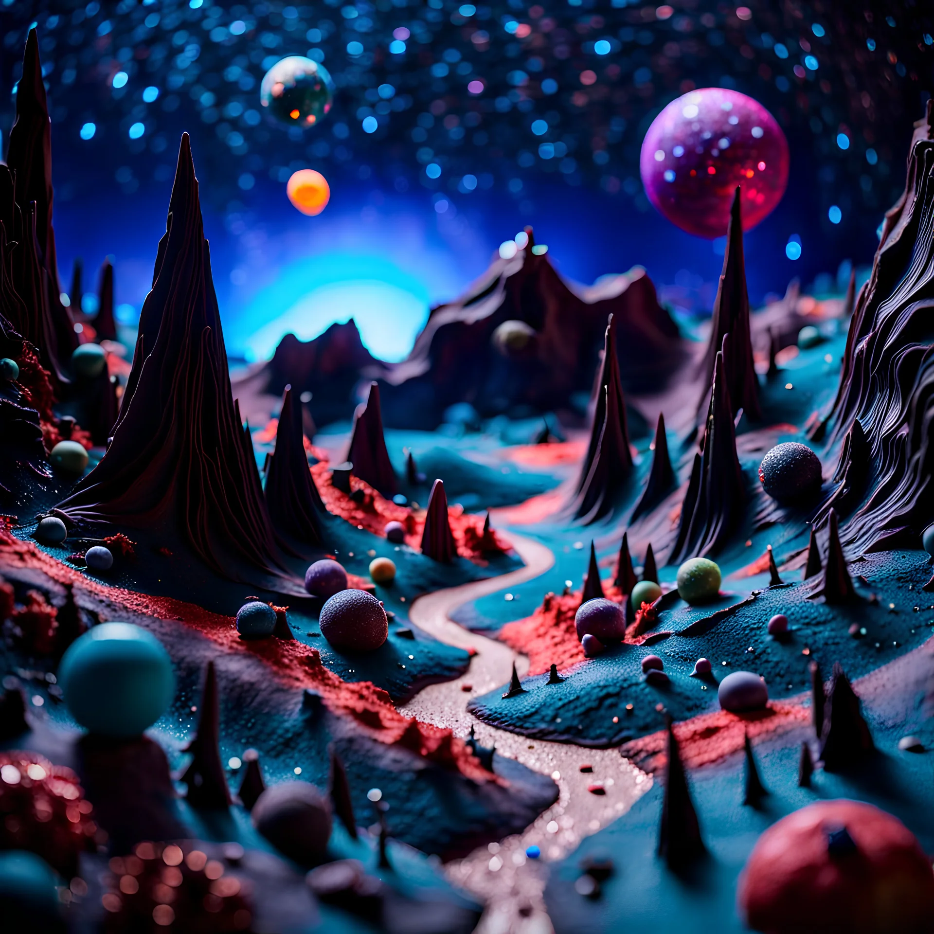 Detailed creepy landscape made of modeling clay, stars and planets, Roger Dean, Tim Burton, strong texture, Ernst Haekel, extreme detail, Max Ernst, decal, rich moody colors, sparkles, bokeh, odd