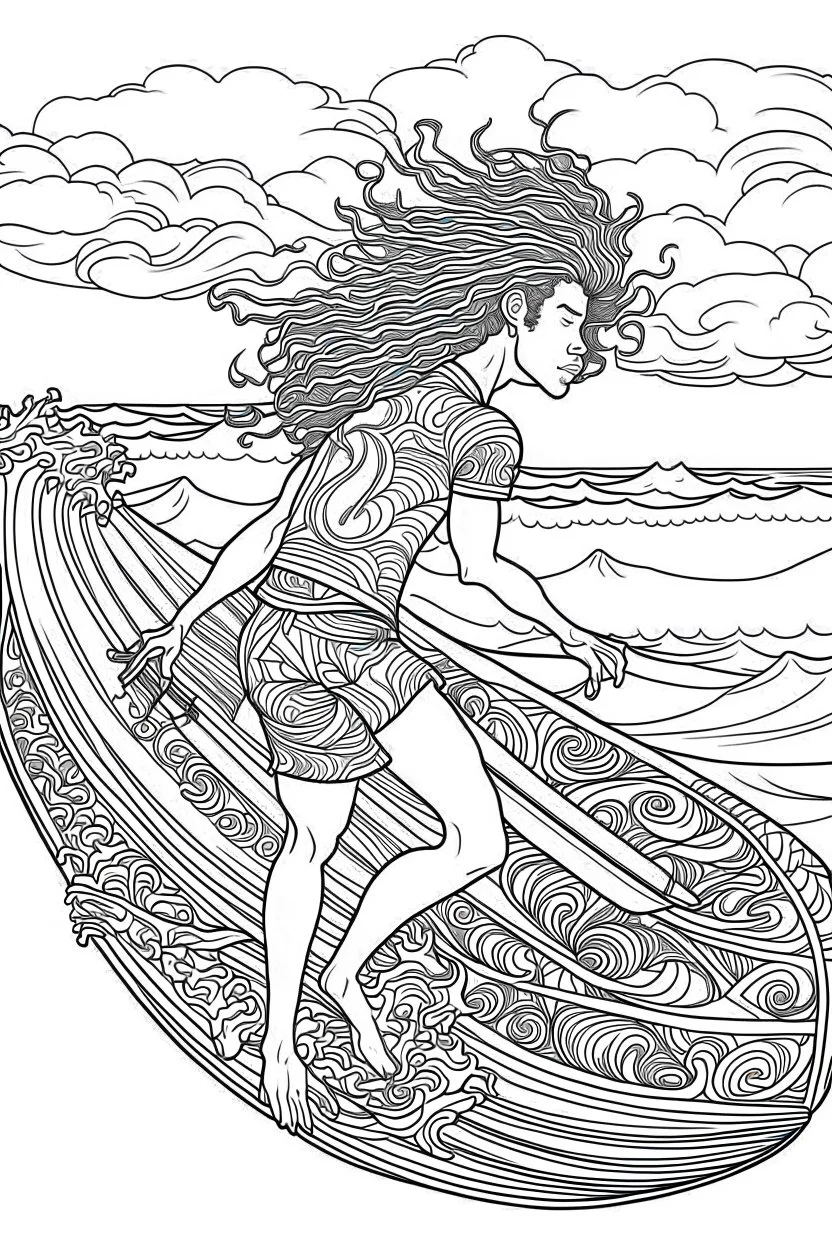 Outline art for coloring page OF THE BACK SIDE OF A HAWAIIAN SURFER WITH BIG CURLY KINKY HAIR WEARING SHORTS RIDING A SURFBOARD ON A WAVE, coloring page, white background, Sketch style, only use outline, clean line art, white background, no shadows, no shading, no color, clear