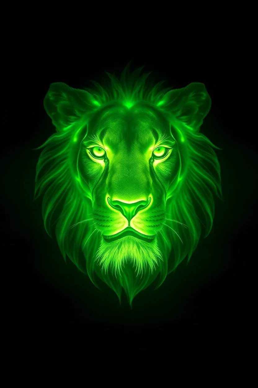 A transparent, hollow, glowing, lion, cinematic photo , 8k, high resolution for a big head in dark green