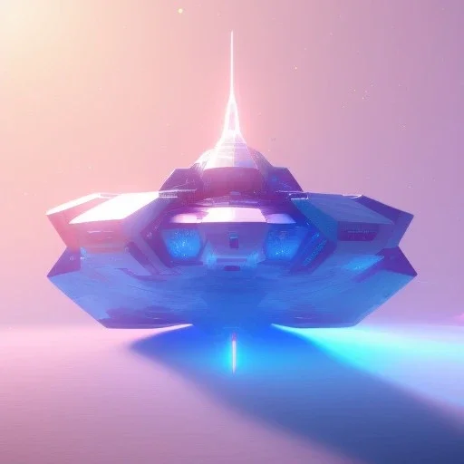 a crystalised blue pink spaceship, gold, diamonds, lightbeams, cosmic background, atmospheric, realistic, unreal engine, 8k. Cinematic lighting, octane render.