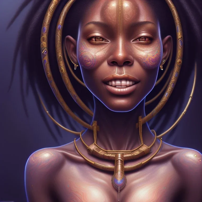 Portrait of black woman, smiling, sango fantasy, fantasy magic, intricate, sharp focus, illustration, lot's of grain on the skin, tribal tatoos,highly detailed, digital painting, concept art, matte, masterpiece, one head, high key lighting, volumetric light high details psychedelic background