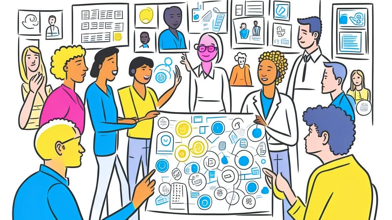 An image that conveys achieving success and skill development. The image depicts a group of individuals gathered in an inspiring teamwork session. They appear engaged in discussion and constructive exchange of ideas. In the background, a screen displays a chart or a conceptual map indicating various goals and pathways. Everyone appears enthusiastic and dedicated to collaborative work and continuous learning. The image reflects collaboration and a focus on achieving success through skill develop