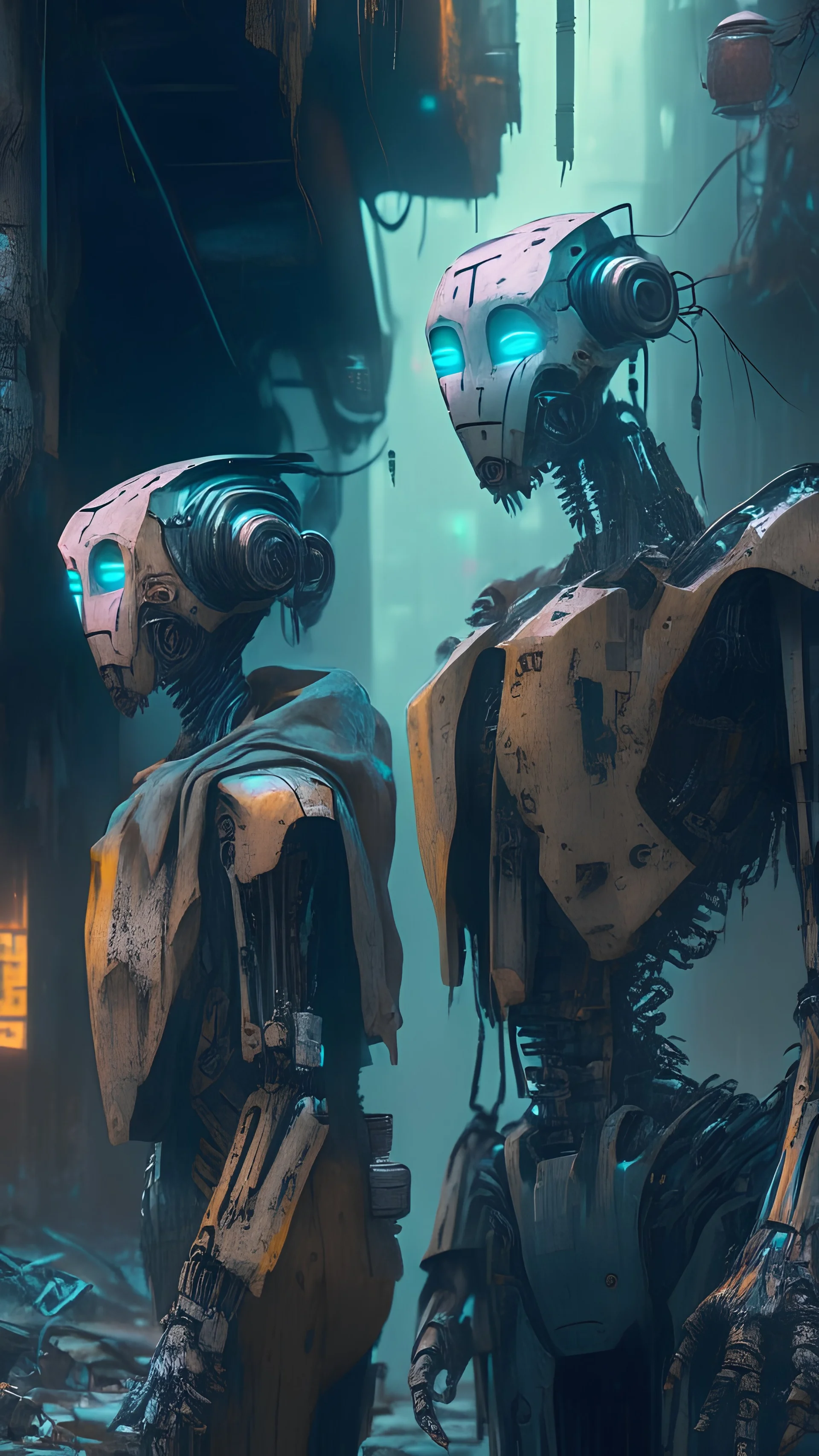 humanoid bots in the slums of cyberpunk city, Show them facing the dangers of being robbed for parts as they navigate through the decaying environment, 4k, digital art