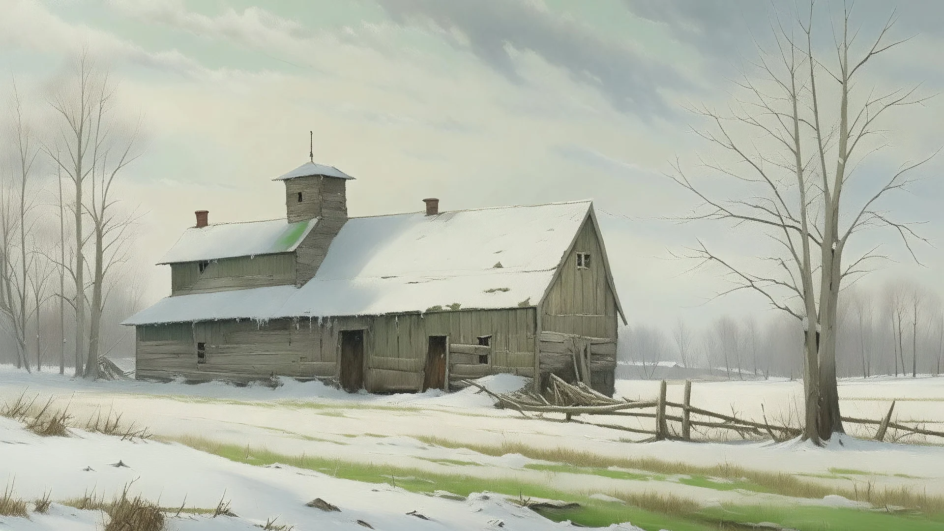 Oil painting of a rural winter landscape featuring a weathered barn and farmhouse under a muted green sky. The barn is constructed with a stone base and wooden upper section, showing signs of age and wear. The farmhouse, smaller in size, is painted in white with visible window frames and a brick chimney emitting a wisp of smoke. The ground is covered in snow, with a fence line partially buried, adding depth to the scene. The color palette is subdued, dominated by greens, whites, and grays, enhan