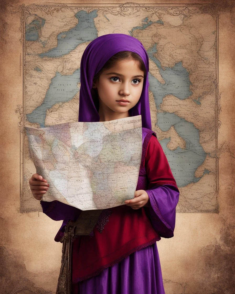 Artistic red purple little palestinian girl Holds a map of Palestine , PRINT medieval style