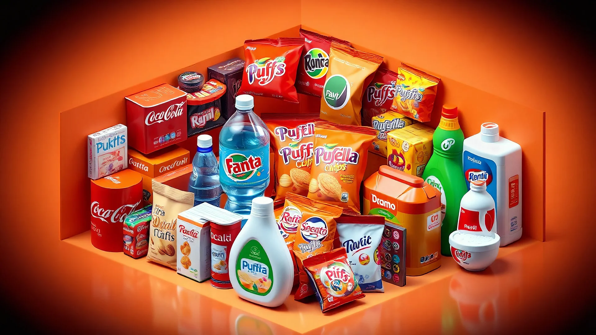 A 3D design of supermarket items such as Coca-Cola, Fanta, mineral water, chocolate, packaged cakes, chips, puffs, Nutella, Rani, candy, shampoo, detergent, soda, and ice cream with an orange, red, and white color theme in a special psychedelic space.