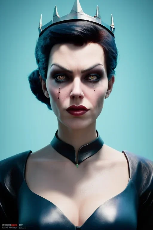 Lene Nystrøm as evil queen in black leather, busty, cleavage, voluptuous, Aqua Lene, angry, stern look. character design by cory loftis, fenghua zhong, ryohei hase, ismail inceoglu and ruan jia. unreal engine 5, artistic lighting, highly detailed, photorealistic, fantasy