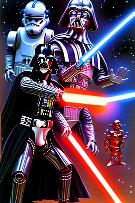 Darth Vader battling Luke Skywalker with lighsabres, while C3PO and R2D2 look on in horror.