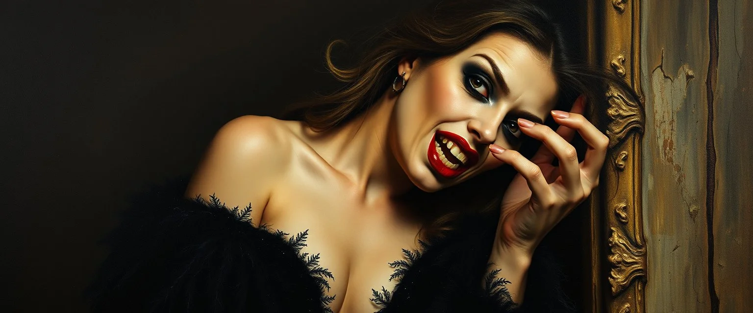 pin hole cam, master oil painting by Rembrandt, good afternoon bitch scary hot seductive female vampire stylistic poster