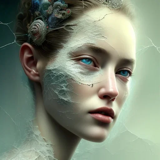 broken, cracked, shattered porcelain made of Bride's face, bridal veil, cracked and broken, fine detail, highly intricate, modern surrealism painting, high-quality, volumetric lighting, 8k, ultrahd, George Grie, Marco Escobedo, Igor Morski