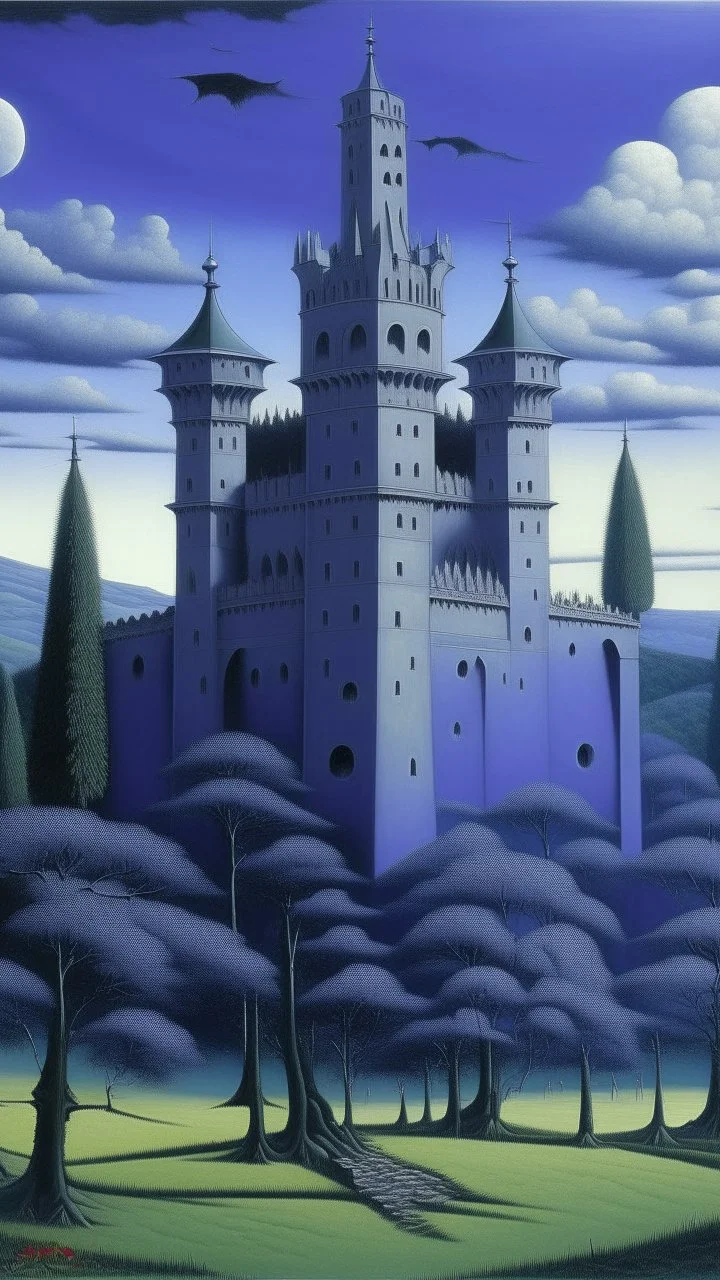 A purple Transylvanian vampire castle painted by Rene Magritte