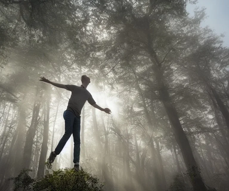 close up of a young man floating in the air with arms spread in the middle of the image in a misty forest in spring at sunrise with warm light rays, highly detailed, intricate, 8k, unreal engine, cinematic, vibrant, colorful, ultra high resolution