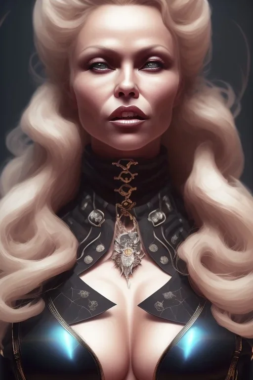 Pamela Anderson as evil queen in black leather, leather, busty, cleavage, angry, stern look. character design by cory loftis, fenghua zhong, ryohei hase, ismail inceoglu and ruan jia. unreal engine 5, artistic lighting, highly detailed, photorealistic, fantasy