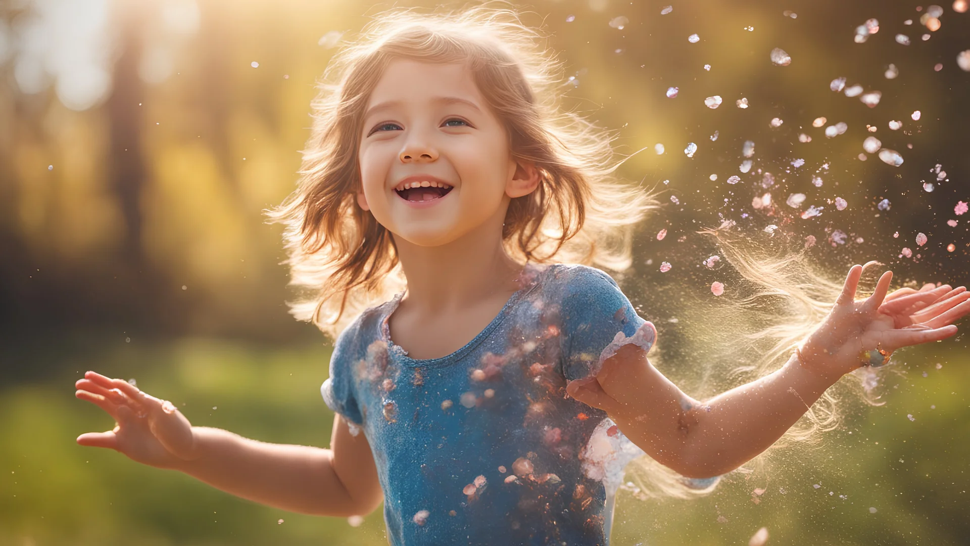 Magical Fantastic young happy child facing camera, Liquid Structure, Flying Petals, Splash, Portrait Photography, Fantasy Background, Intricate Patterns, Ultra Detailed, Luminous, Radiance, Joy, Exuberance, Fun, Ultra Realism, Complex Details, Intricate Details, 16k, HDR, High Quality, Trending On Artstation, Sharp Focus, Studio Photo, Intricate Details, Highly Detailed