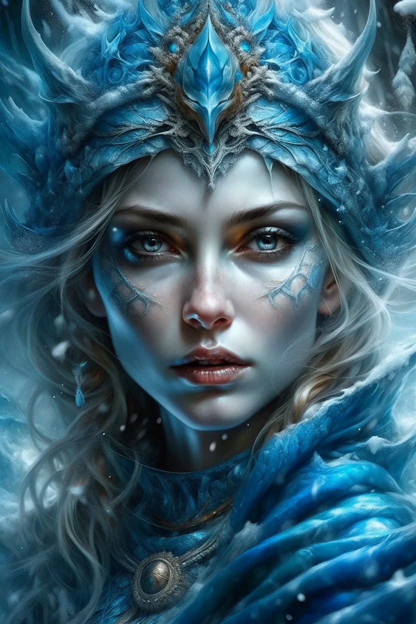 realistic face, Beautiful ice goddess of ice winter, intricately beautiful face, knees up portrait, inspiredn by Laura Sava, deep ice color, fantastical, intricate detail, splash screen, complementary ice colors, fantasy concept art, 8k resolution,,royo,splash art,