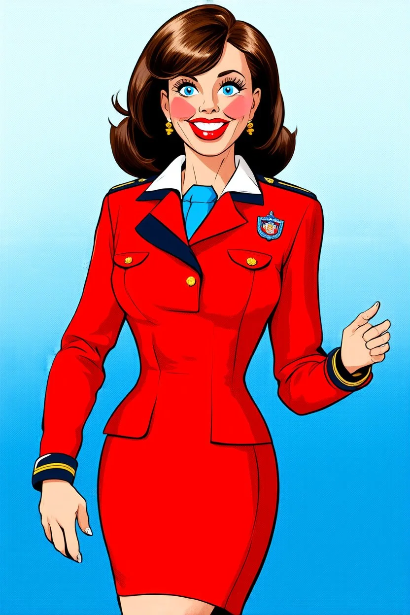 pin-up style realistic cartoon of 50 year old brunette stewardess in red uniform dress, smiling with very red lips and long eyelashes