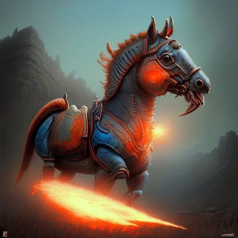 angry horse in orange and blue battle armor, a highly detailed illustration, background of Inka jungle, realistic render, 8 k, micro detail, intricate, elegant, centered, digital painting, Artstation, smooth, sharp focus, illustration, artgerm, tomasz alen kopera, peter mohrbacher, donato giancola, joseph christian leyendecker, wlop, boris vallejo