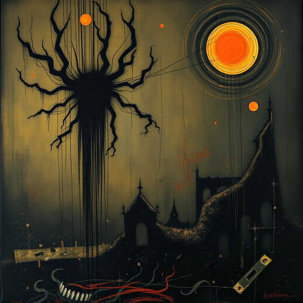 Melancholy a hunger that never satisfies, by Dave McKean, inspired by the nightmare paintings of Dan Mahurin, by Wassily Kandinsky, gnostic hydraulic tragedy, sinister,