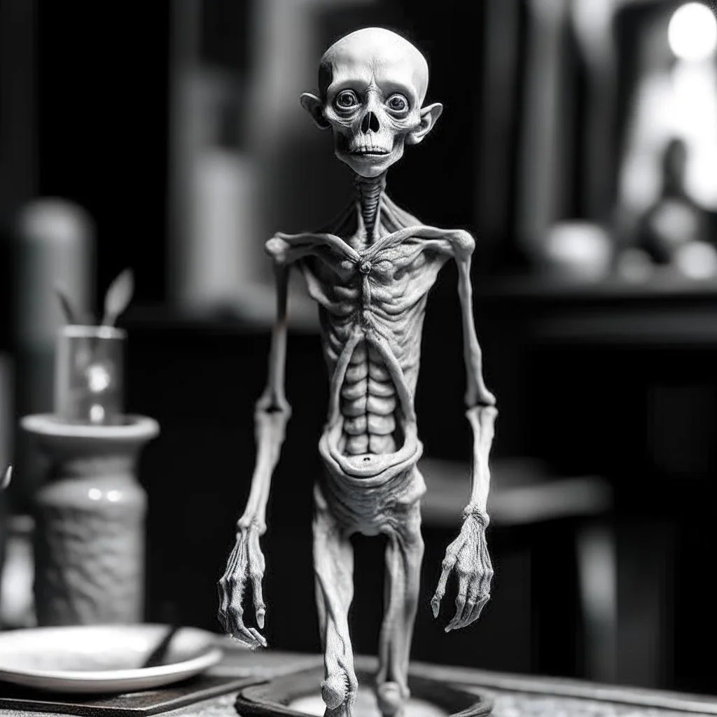 a statuette of an starved skinny and emaciated human cult greyscale photo