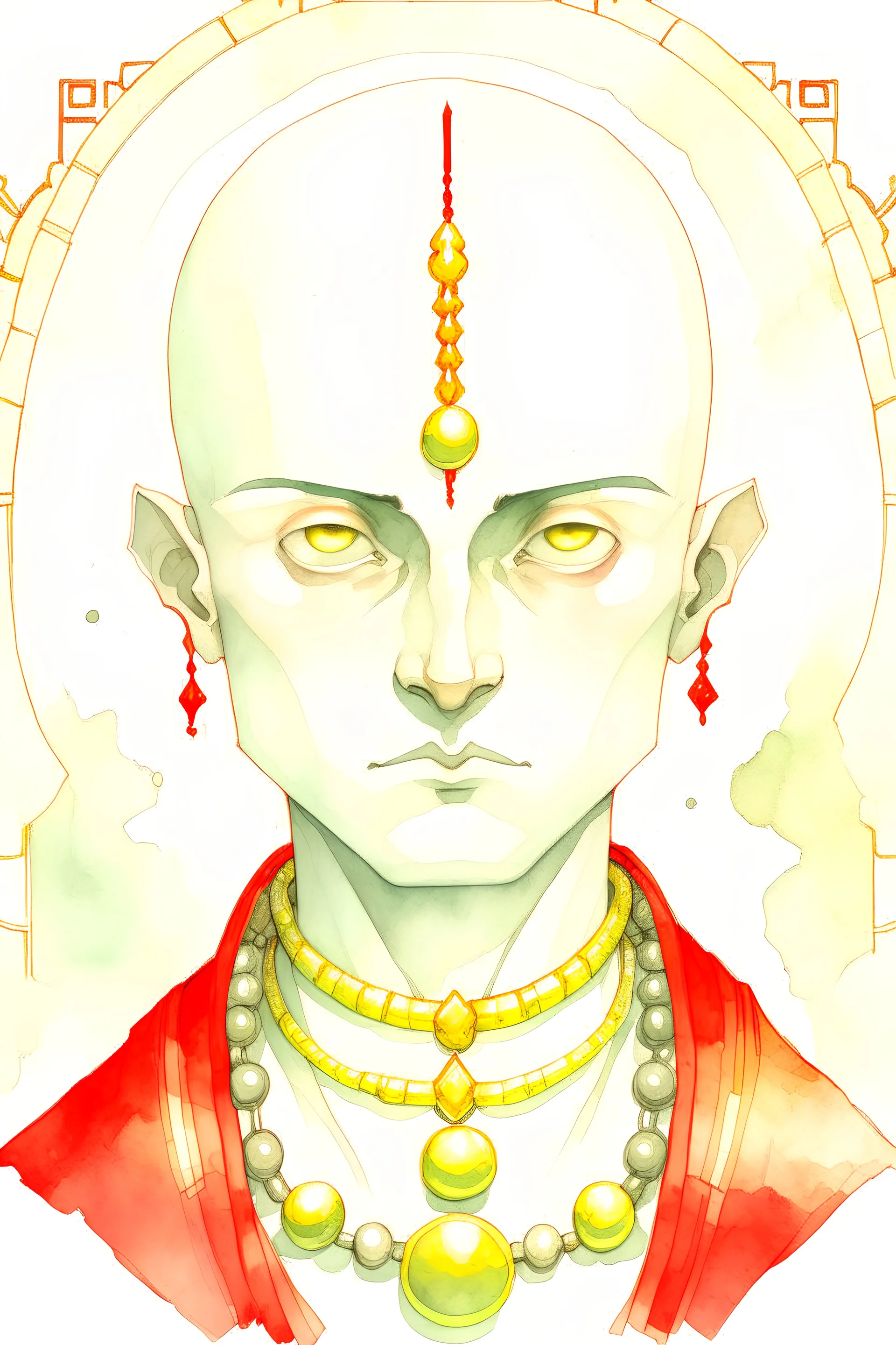 Colour drawing, young female, grey eyes, shaved head, cleric, red beads