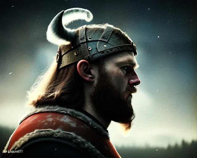 a sad and lonely viking looking up at the stars at night, hyper realistic, 8k, insane detail, atmospheric background, crying eyes, big fur coat, long braided hair, sharp focus, soft background, dynamic lighting, viking helmet, night time