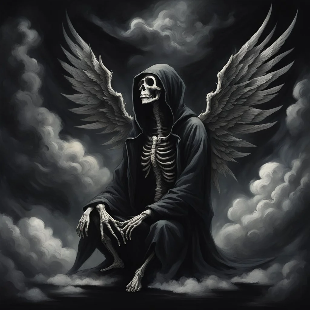 person sitting on a dark background. The dominant colors are black and gray, which give the scene an ominous and mysterious character. The person has their face turned upwards and blows cigarette smoke from their mouth, which enhances the impression of intrigue. It depicts a figure with wings emerging from its back, as if transforming into some supernatural creature. a hooded skeleton can be seen behind the clouds of smoke. he holds a scythe in one hand and a touch person in the other