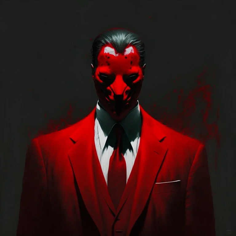 a sinister figure wearing a red suit with a red tie with no face and dirty slicked back hair