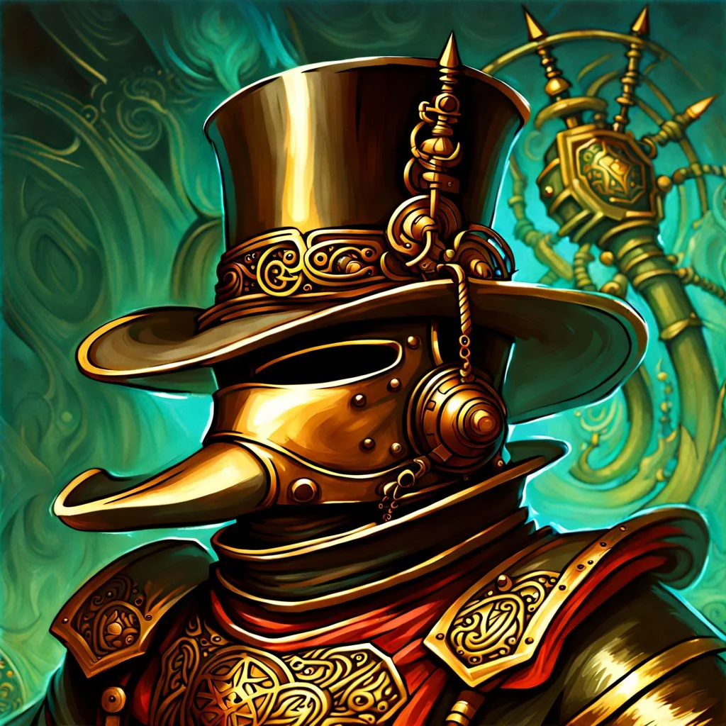 90's fantasy tcg art of a top hat man with a metal mask